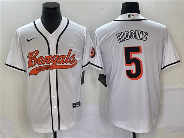 Cincinnati Bengals #5 Tee Higgins White With Patch Cool Base Stitched Baseball Jersey